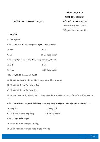 Đề thi học kì 1 môn Công nghệ Lớp 6 Sách Cánh diều - Năm học 2021-2022 - Trường THCS Long Thượng (Có đáp án)