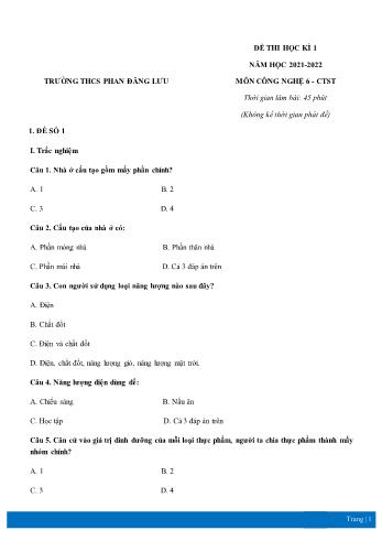 Đề thi học kì 1 môn Công nghệ Lớp 6 Sách Chân trời sáng tạo - Năm học 2021-2022 - Trường THCS Phan Đăng Lưu (Có đáp án)