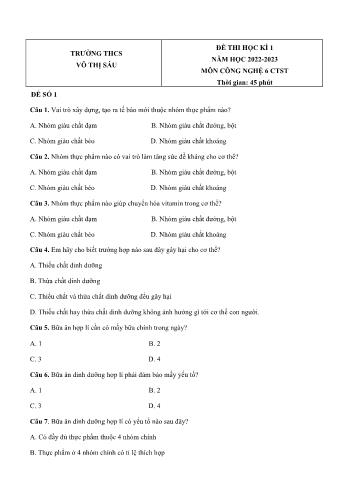Đề thi học kì 1 môn Công nghệ Lớp 6 Sách Chân trời sáng tạo - Năm học 2022-2023 - Trường THCS Võ Thị Sáu (Có đáp án)