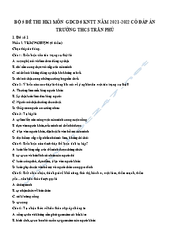 Đề thi học kì 1 môn Giáo dục công dân Lớp 6 Sách Kết nối tri thức - Năm học 2021-2022 - Trường THCS Trần Phú (Có đáp án)