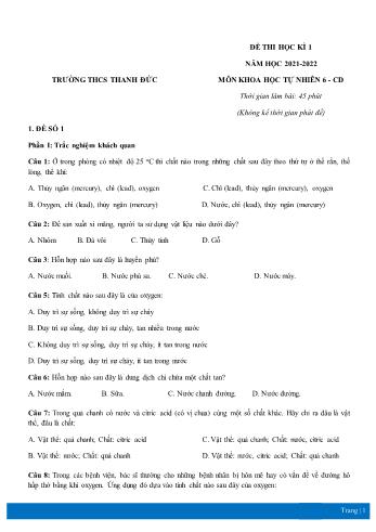 Đề thi học kì 1 môn Khoa học tự nhiên Lớp 6 Sách Cánh diều - Năm học 2021-2022 - Trường THCS Thanh Đức (Có đáp án)