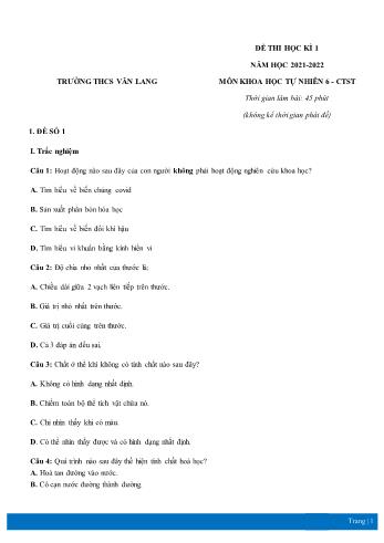 Đề thi học kì 1 môn Khoa học tự nhiên Lớp 6 Sách Chân trời sáng tạo - Năm học 2021-2022 - Trường THCS Văn Lang (Có đáp án)