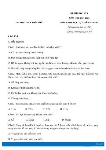 Đề thi học kì 1 môn Khoa học tự nhiên Lớp 6 Sách Kết nối tri thức - Năm học 2021-2022 - Trường THCS Thái Thủy (Có đáp án)