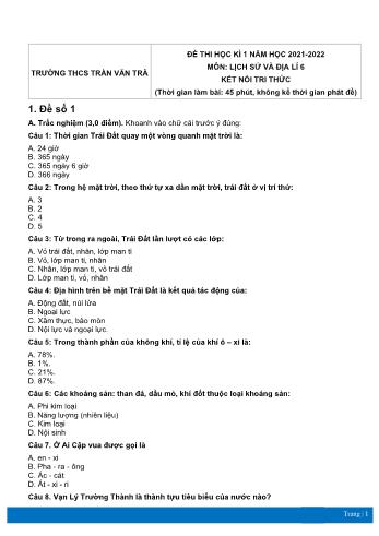 Đề thi học kì 1 môn Lịch sử và Địa lí Lớp 6 Sách Kết nối tri thức - Năm học 2021-2022 - Trường THCS Trần Văn Trà (Có đáp án)
