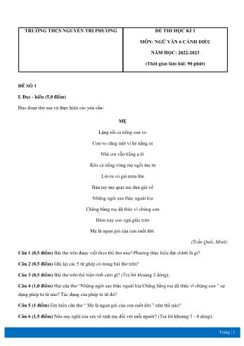 Đề thi học kì 1 môn Ngữ văn Lớp 6 Sách Cánh diều - Năm học 2022-2023 - Trường THCS Nguyễn Tri Phương (Có đáp án)