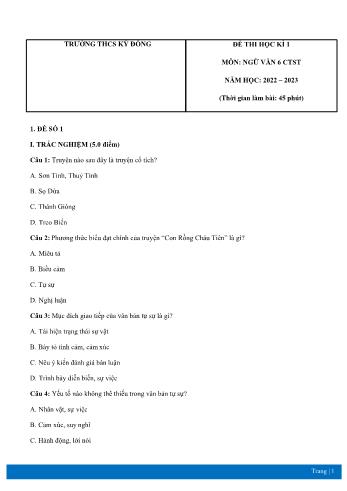 Đề thi học kì 1 môn Ngữ văn Lớp 6 Sách Chân trời sáng tạo - Năm học 2022-2023 - Trường THCS Kỳ Đồng (Có đáp án)
