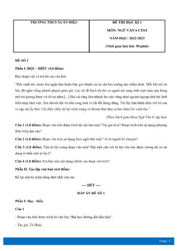 Đề thi học kì 1 môn Ngữ văn Lớp 6 Sách Chân trời sáng tạo - Năm học 2022-2023 - Trường THCS Xuân Diệu (Có đáp án)