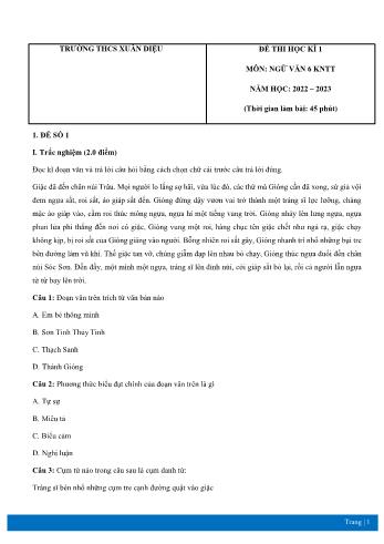 Đề thi học kì 1 môn Ngữ văn Lớp 6 Sách Kết nối tri thức - Năm học 2022-2023 - Trường THCS Xuân Diệu (Có đáp án)