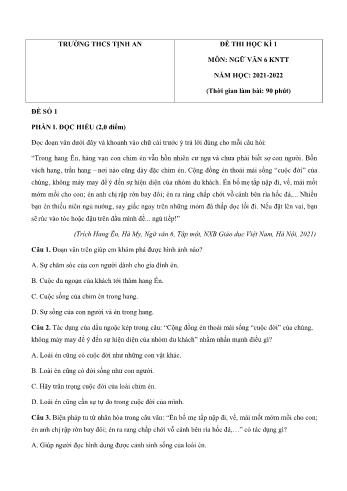 Đề thi học kì 1 môn Ngữ văn Lớp 6 Sách Kết nối tri thức - Năm học 2021-2022 - Trường THCS Tịnh An (Có đáp án)