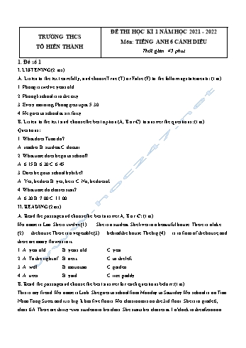 Đề thi học kì 1 môn Tiếng Anh Lớp 6 Sách Cánh diều - Năm học 2021-2022 - Trường THCS Tô Hiến Thành (Có đáp án)