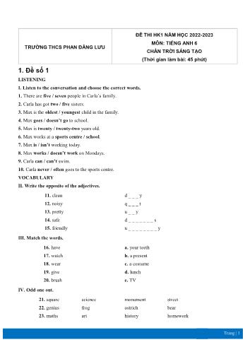 Đề thi học kì 1 môn Tiếng Anh Lớp 6 Sách Chân trời sáng tạo - Năm học 2022-2023 - Trường THCS Phan Đăng Lưu (Có đáp án)
