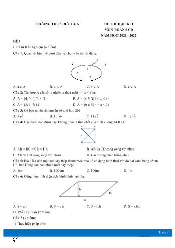 Đề thi học kì 1 môn Toán học Lớp 6 Sách Cánh diều - Năm học 2021-2022 - Trường THCS Đức Hòa (Có đáp án)