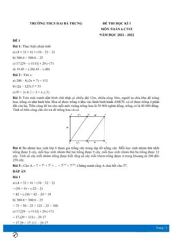 Đề thi học kì 1 môn Toán học Lớp 6 Sách Chân trời sáng tạo - Năm học 2021-2022 - Trường THCS Hai Bà Trưng (Có đáp án)