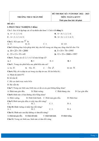 Đề thi học kì 1 môn Toán học Lớp 6 Sách Kết nối tri thức - Năm học 2022-2023 - Trường THCS Trần Phú (Có đáp án)