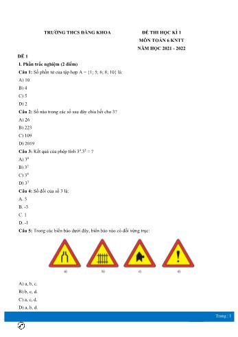 Đề thi học kì 1 môn Toán học Lớp 6 Sách Kết nối tri thức - Năm học 2021-2022 - Trường THCS Đăng Khoa (Có đáp án)