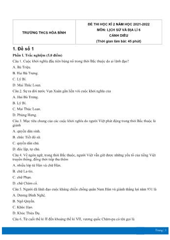 Đề thi học kì 2 môn Lịch sử và Địa lí Lớp 6 Sách Cánh diều - Năm học 2021-2022 - Trường THCS Hòa Bình (Có đáp án)