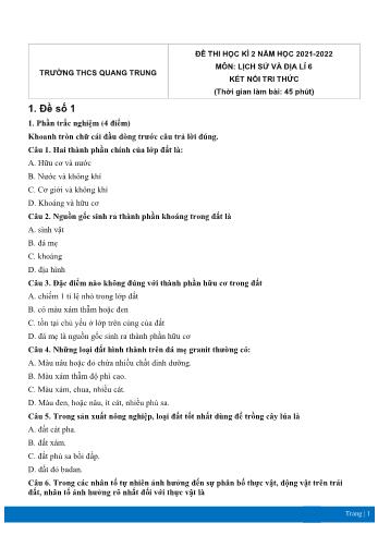 Đề thi học kì 2 môn Lịch sử và Địa lí Lớp 6 Sách Kết nối tri thức - Năm học 2021-2022 - Trường THCS Quang Trung (Có đáp án)