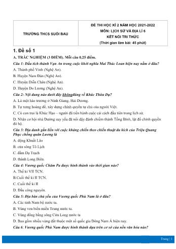 Đề thi học kì 2 môn Lịch sử và Địa lí Lớp 6 Sách Kết nối tri thức - Năm học 2021-2022 - Trường THCS Suối Bau (Có đáp án)