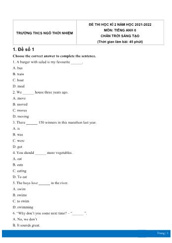Đề thi học kì 2 môn Tiếng Anh Lớp 6 Sách Chân trời sáng tạo - Năm học 2021-2022 - Trường THCS Ngô Thời Nhiệm (Có đáp án)