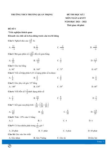 Đề thi học kì 2 môn Toán học Lớp 6 Sách Kết nối tri thức - Năm học 2021-2022 - Trường THCS Trường Quan Trọng (Có đáp án)
