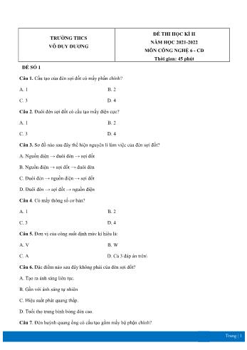 Đề thi học kì II môn Công nghệ Lớp 6 Sách Cánh diều - Năm học 2021-2022 - Trường THCS Võ Duy Dương (Có đáp án)
