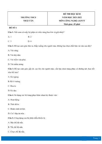 Đề thi học kì II môn Công nghệ Lớp 6 Sách Kết nối tri thức - Năm học 2021-2022 - Trường THCS Thái Tân (Có đáp án)