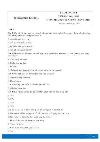 Đề thi học kỳ I môn Khoa học tự nhiên Lớp 6 Sách Cánh diều - Năm học 2021-2022 - Trường THCS Đức Hòa (Có đáp án)