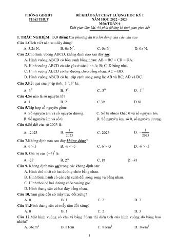 Đề khảo sát chất lượng học kì 1 Toán Lớp 6 - Năm học 2022-2023 - Phòng GD&ĐT Thái Thụy (Có đáp án)