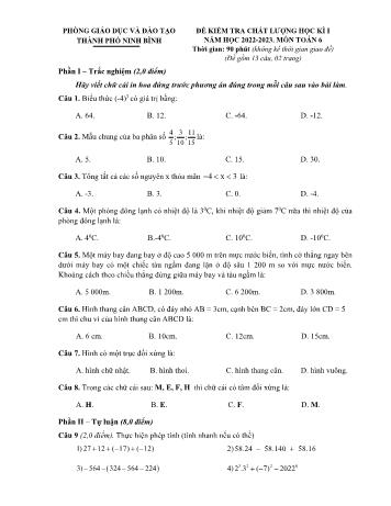 Đề kiểm tra chất lượng học kì 1 Toán Lớp 6 - Năm học 2022-2023 - Phòng GD&ĐT Ninh Bình (Có hướng dẫn chấm)