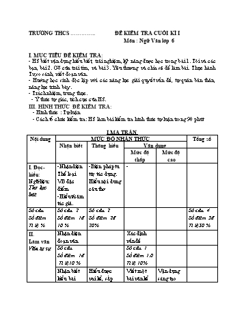 Đề kiểm tra cuối kì 1 Ngữ văn Lớp 6 Sách Kết nối tri thức (Có hướng dẫn chấm)