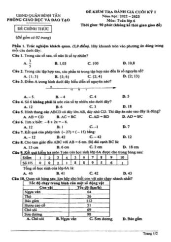 Đề kiểm tra đánh giá cuối kì 1 Toán Lớp 6 - Năm học 2022-2023 - Phòng GD&ĐT Bình Tân
