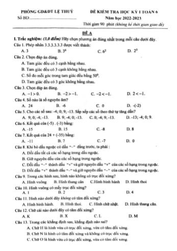 Đề kiểm tra học kì 1 Toán Lớp 6 - Đề A - Năm học 2022-2023 - Phòng GD&ĐT Lệ Thủy