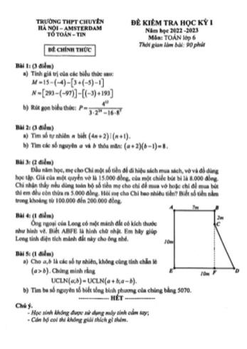 Đề kiểm tra học kì 1 Toán Lớp 6 - Năm học 2022-2023 - Trường THCS chuyên Amsterdam