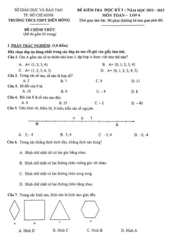 Đề kiểm tra học kì 1 Toán Lớp 6 - Năm học 2022-2023 - Trường THCS Diên Hồng
