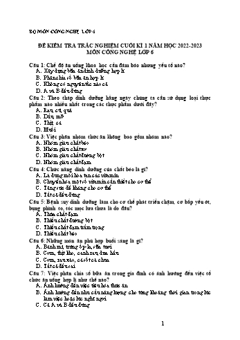 Đề kiểm tra trắc nghiệm cuối kì 1 Công nghệ Lớp 6 Sách Chân trời sáng tạo - Năm học 2022-2023 (Có đáp án)