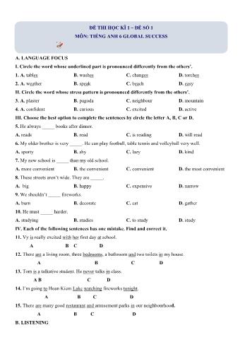 Đề thi học kì 1 Tiếng Anh Lớp 6 (Global success) - Đề số 1 (Có hướng dẫn giải chi tiết)