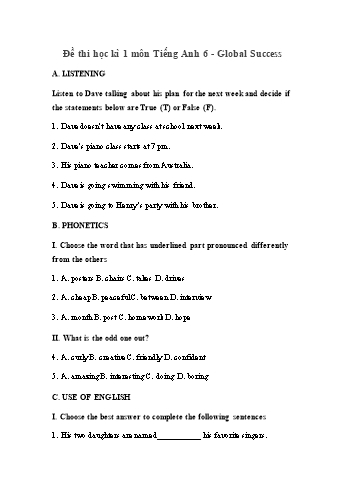 Đề thi học kì 1 Tiếng Anh Lớp 6 (Global success) Sách Kết nối tri thức (Có đáp án)