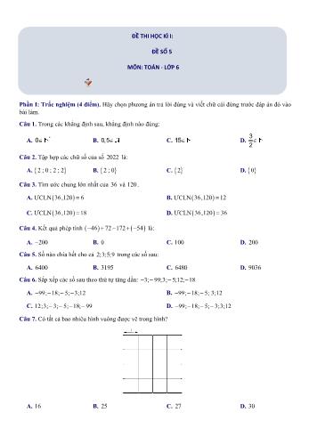 Đề thi học kì 1 Toán Lớp 6 Sách Cánh diều - Đề số 5 (Có hướng dẫn giải chi tiết)