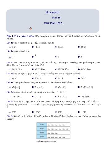 Đề thi học kì 1 Toán Lớp 6 Sách Chân trời sáng tạo - Đề số 10 (Có hướng dẫn giải chi tiết)