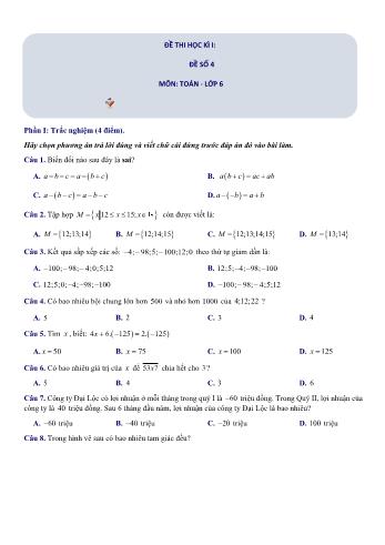 Đề thi học kì 1 Toán Lớp 6 Sách Chân trời sáng tạo - Đề số 4 (Có hướng dẫn giải chi tiết)