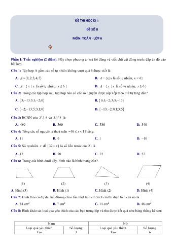 Đề thi học kì 1 Toán Lớp 6 Sách Chân trời sáng tạo - Đề số 8 (Có hướng dẫn giải chi tiết)