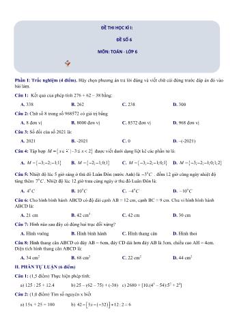 Đề thi học kì 1 Toán Lớp 6 Sách Kết nối tri thức - Đề số 6 (Có hướng dẫn giải chi tiết)