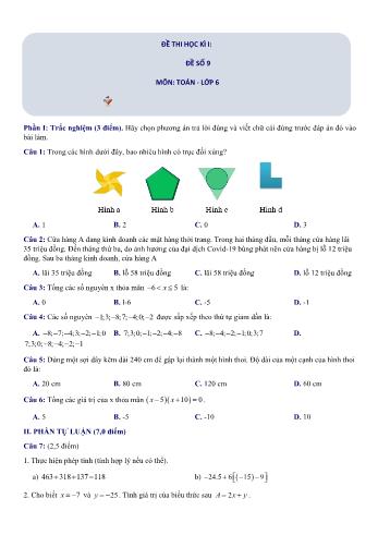 Đề thi học kì 1 Toán Lớp 6 Sách Kết nối tri thức - Đề số 9 (Có hướng dẫn giải chi tiết)