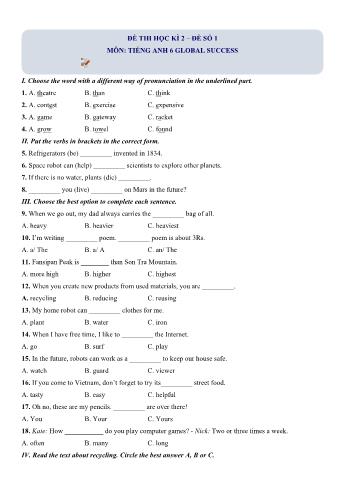 Đề thi học kì 2 Tiếng Anh Lớp 6 (Global success) - Đề số 1 (Có hướng dẫn giải chi tiết)