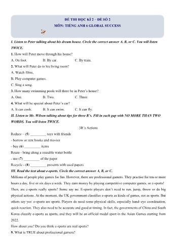 Đề thi học kì 2 Tiếng Anh Lớp 6 (Global success) - Đề số 2 (Có hướng dẫn giải chi tiết)