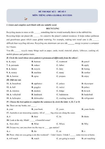 Đề thi học kì 2 Tiếng Anh Lớp 6 (Global success) - Đề số 3 (Có hướng dẫn giải chi tiết)