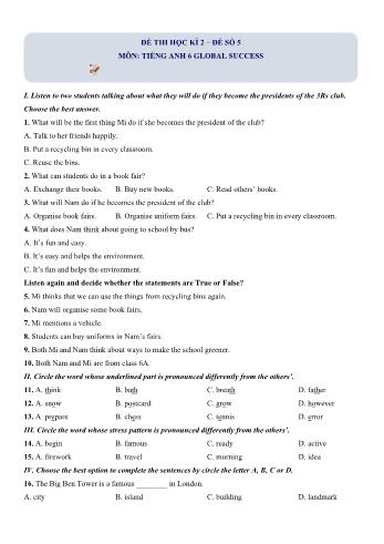 Đề thi học kì 2 Tiếng Anh Lớp 6 (Global success) - Đề số 5 (Có hướng dẫn giải chi tiết)