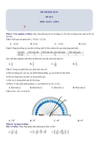 Đề thi học kì 2 Toán Lớp 6 Sách Cánh diều - Đề số 4 (Có hướng dẫn giải chi tiết)