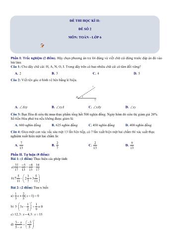 Đề thi học kì 2 Toán Lớp 6 Sách Chân trời sáng tạo - Đề số 2 (Có hướng dẫn giải chi tiết)