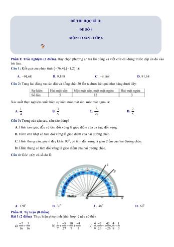 Đề thi học kì 2 Toán Lớp 6 Sách Chân trời sáng tạo - Đề số 4 (Có hướng dẫn giải chi tiết)